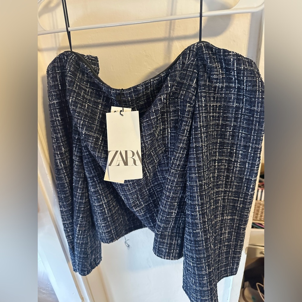 Zara Textured Blue Tweed Off The Shoulder Top NWT